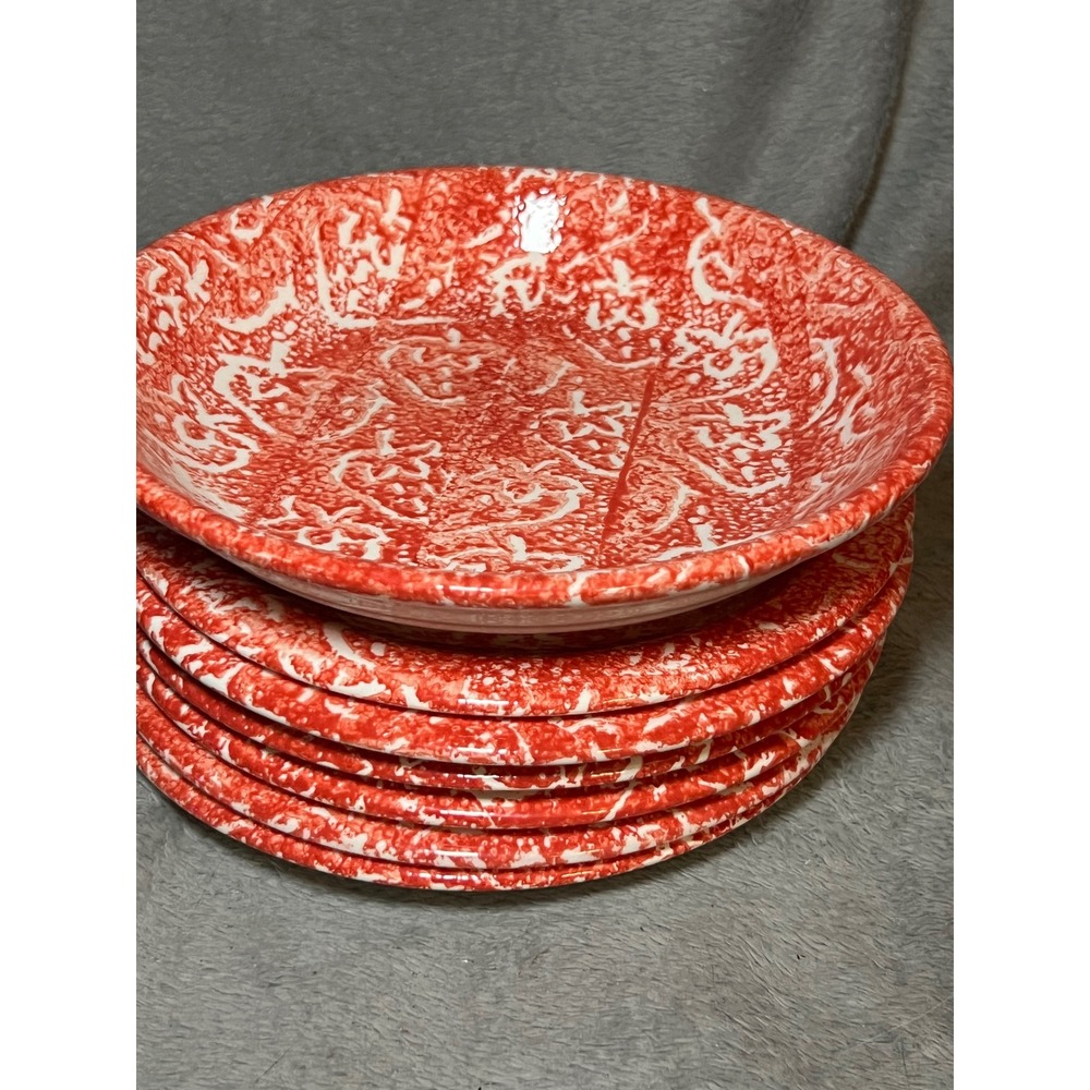 Batik Red Spongeware Salad Plates Set of 6 w/ Serving Bowl Italian Pottery 1992